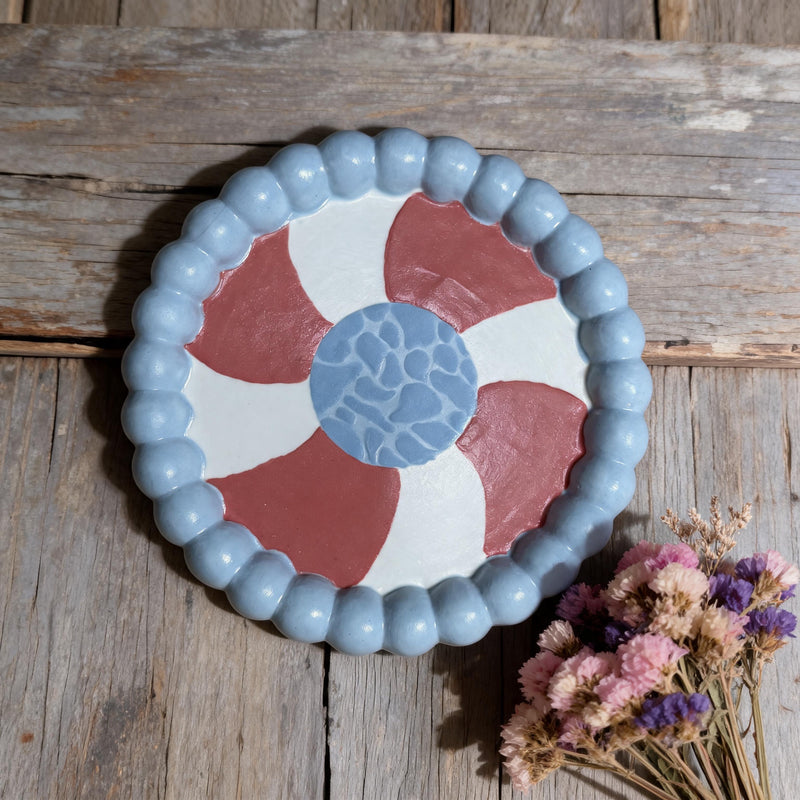 White Red Blue Buoy Trinket Dish Underglaze Ceramics Original Art 1