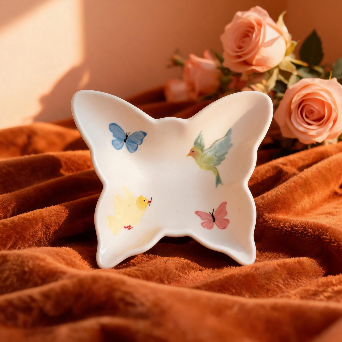 Butterfly Trinket Dish Underglaze Ceramic with Bird Print 1