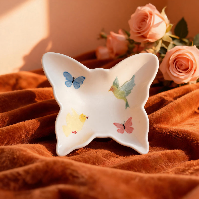 Butterfly Trinket Dish Underglaze Ceramic with Bird Print 1