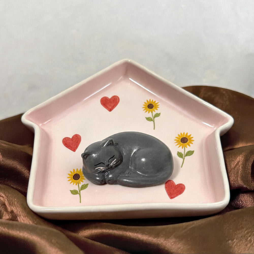 Pink cat on a house-shaped pet ring dish