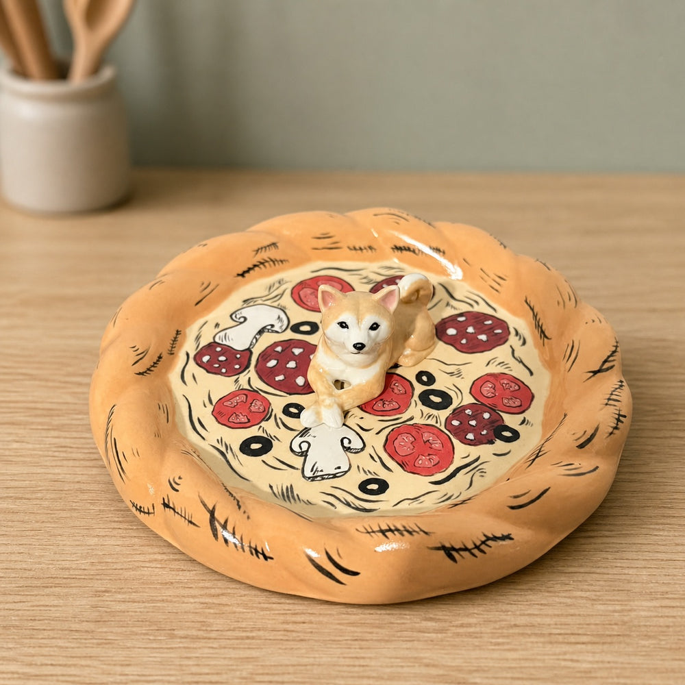 Pizza Dish - Tan & White Shiba Dog Lying Down - Warm Beige Background 01