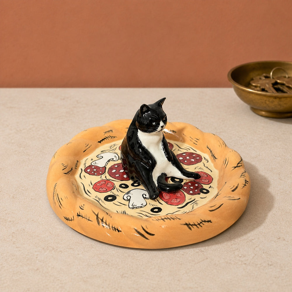 Pizza Dish - Black & White Tuxedo Cat Sitting - Blush Pink Background 03