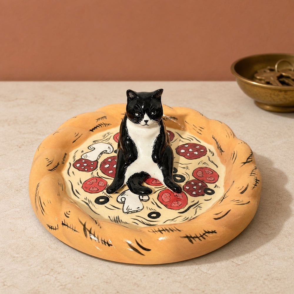 Pizza Dish - Black & White Tuxedo Cat Sitting - Blush Pink Background 02