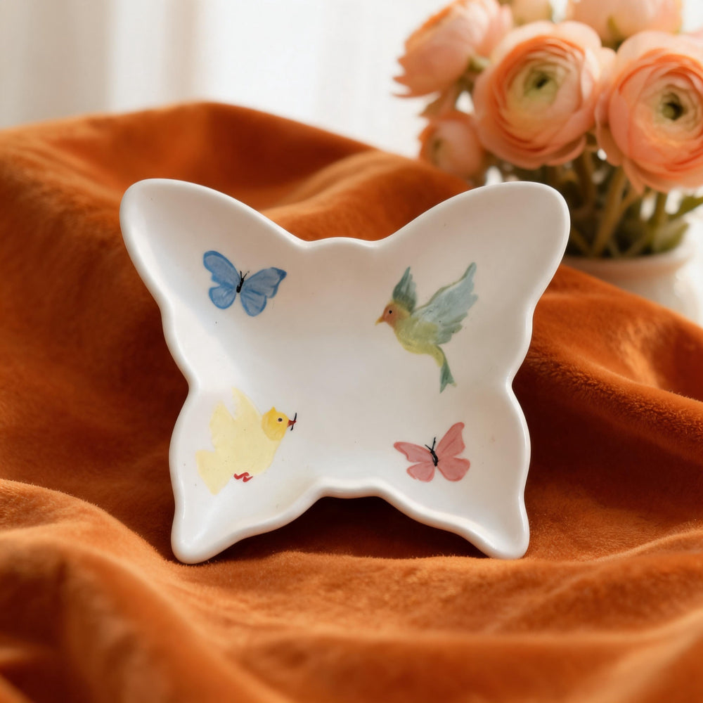 Butterfly Trinket Dish Underglaze Ceramic with Bird Print 3