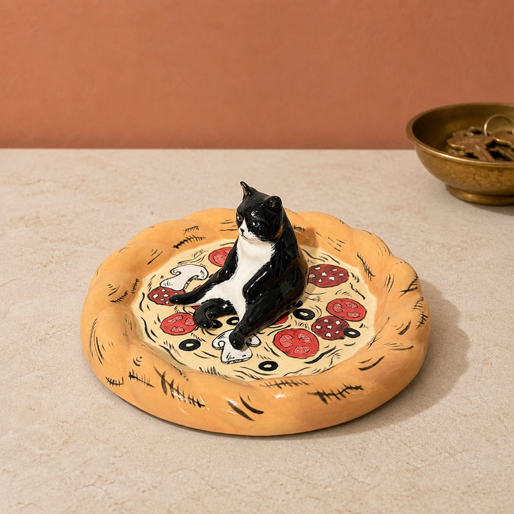Pizza Dish - Black & White Tuxedo Cat Sitting - Blush Pink Background 01