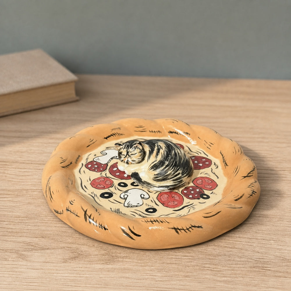 Pizza Dish - Calico Cat Curled Up Sleeping - Sage Green Background 03