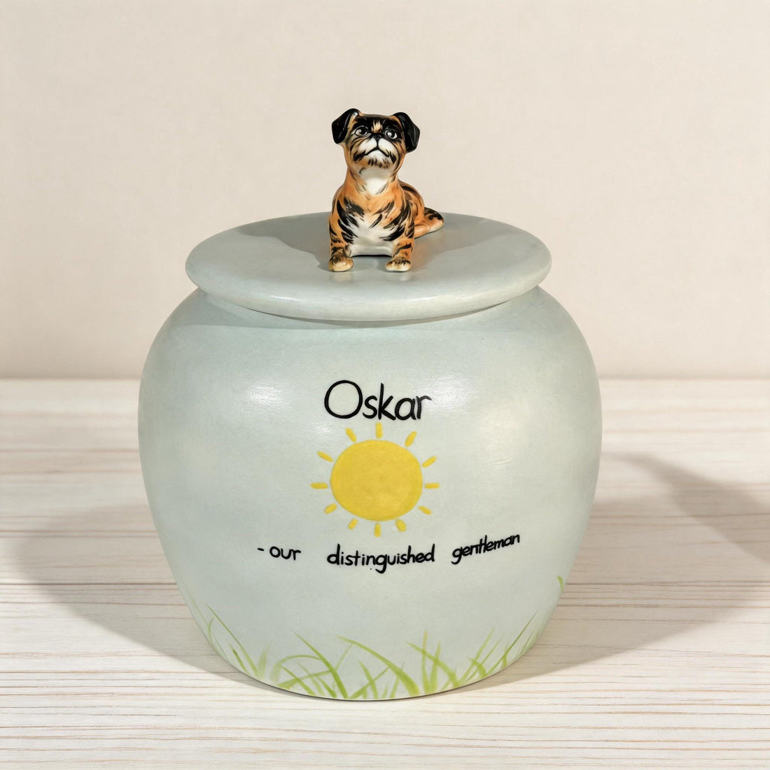 Handmade ceramic dog figurine urn hand-painted by Farbe Ceramics, featured image for a guide on blue-green algae and dog water safety