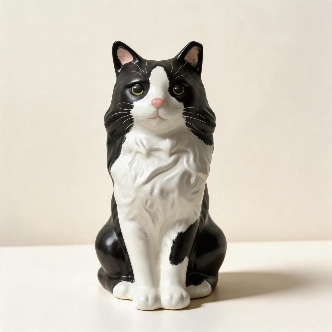 Handmade ceramic custom pet sculpture, hand-painted from the owner's pet photos, by Farbe Ceramics