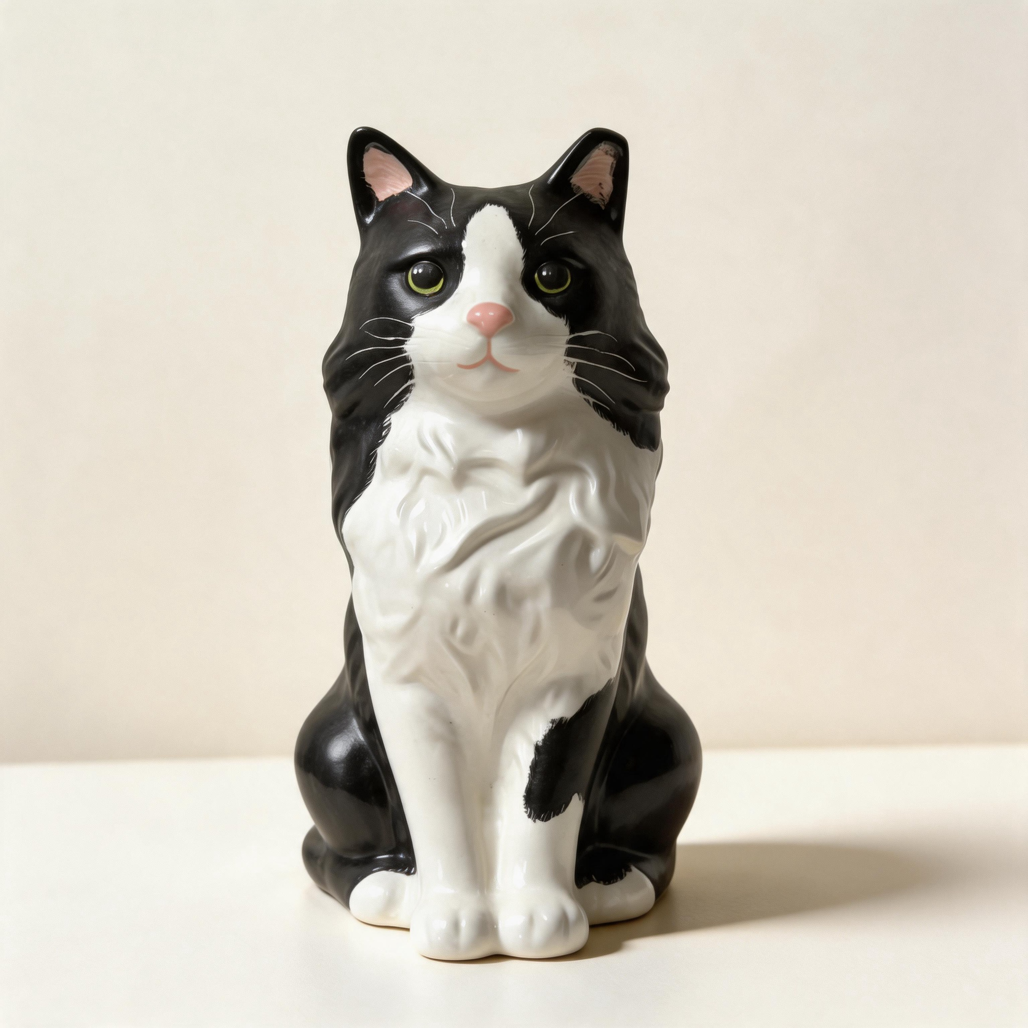 Handmade ceramic custom pet sculpture, hand-painted from the owner's pet photos, by Farbe Ceramics