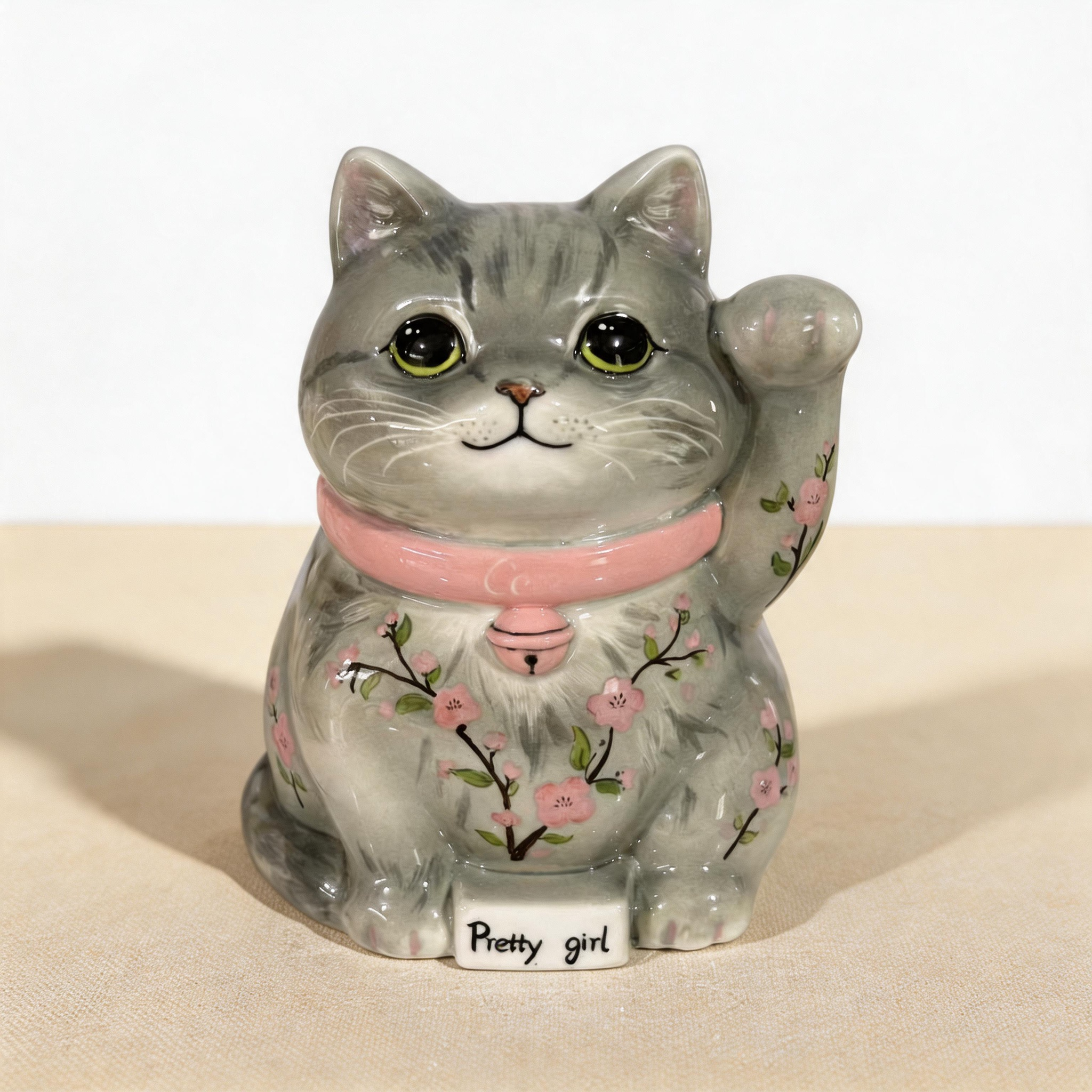 Hand-painted ceramic maneki neko lucky cat urn with grey tabby markings and raised paw