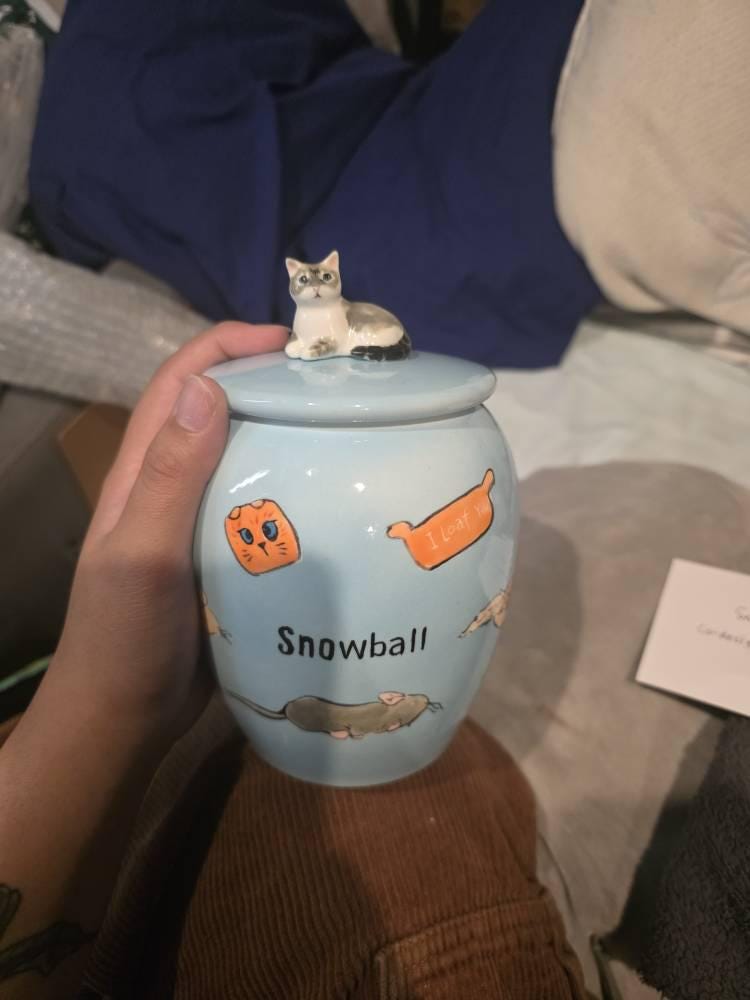 Customer photograph of a blue jar held on a lap, with a grey and white cat figure on its lid, painted toy motifs and Snowball lettering.