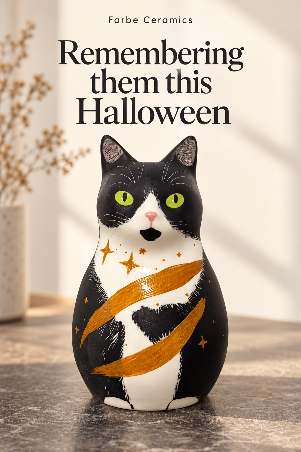 A finished ceramic pet memorial with its original hand painted portrait and personal details. Overlay reads: Remembering them this Halloween.