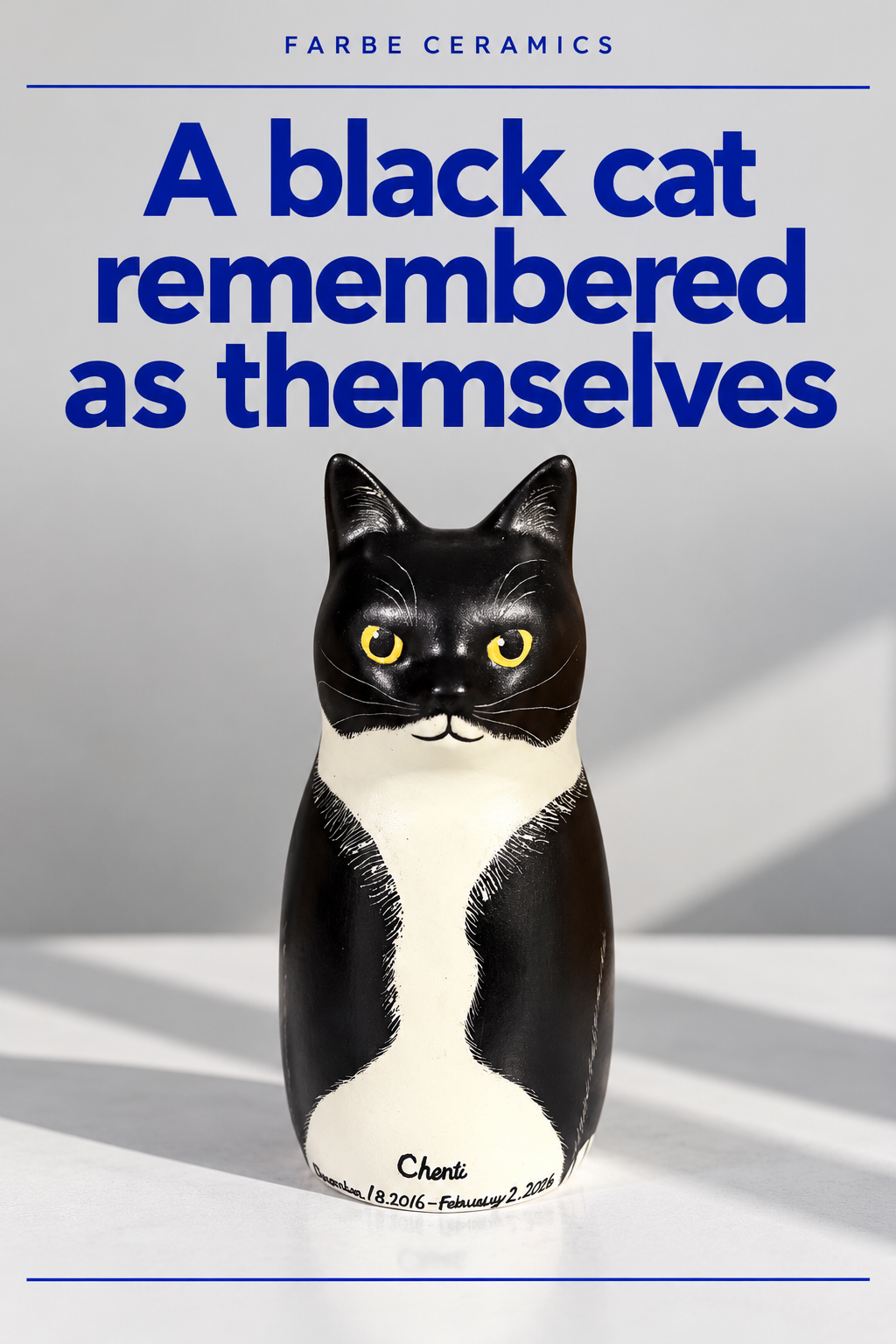 A finished ceramic pet memorial with its original hand painted portrait and personal details. Overlay reads: A black cat remembered as themselves.