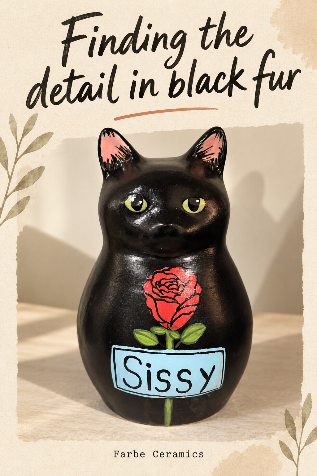 A finished ceramic pet memorial with its original hand painted portrait and personal details. Overlay reads: Finding the detail in black fur.