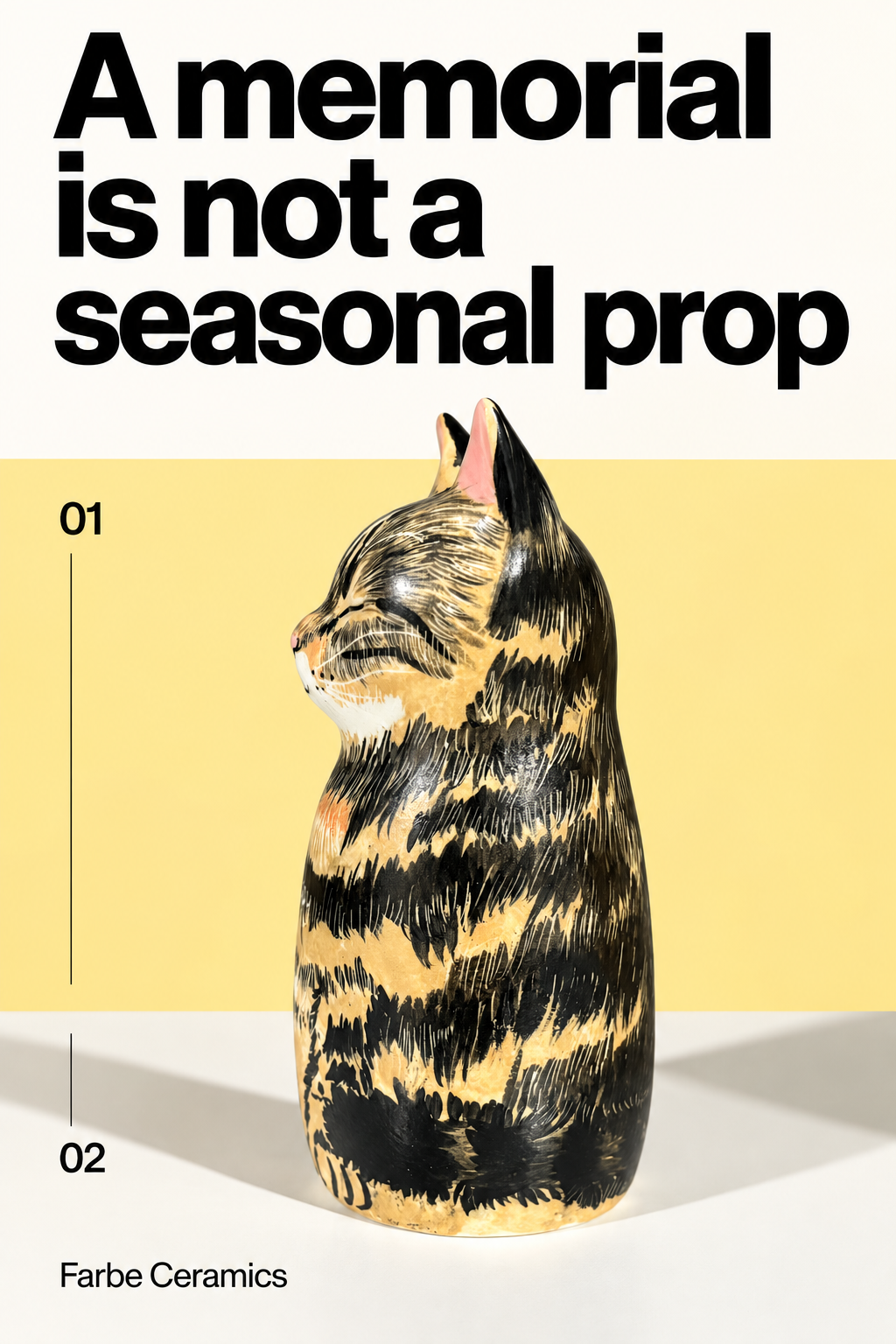 A finished ceramic pet memorial with its original hand painted portrait and personal details. Overlay reads: A memorial is not a seasonal prop.