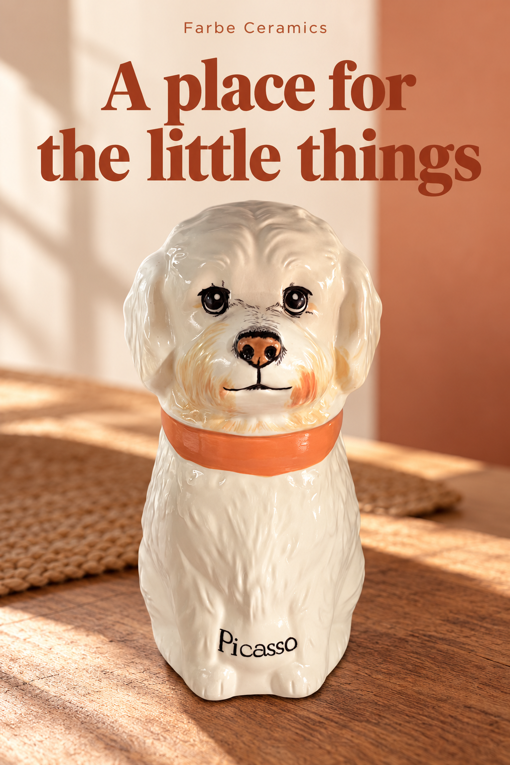 A finished ceramic pet memorial with its original hand painted portrait and personal details. Overlay reads: A place for the little things.