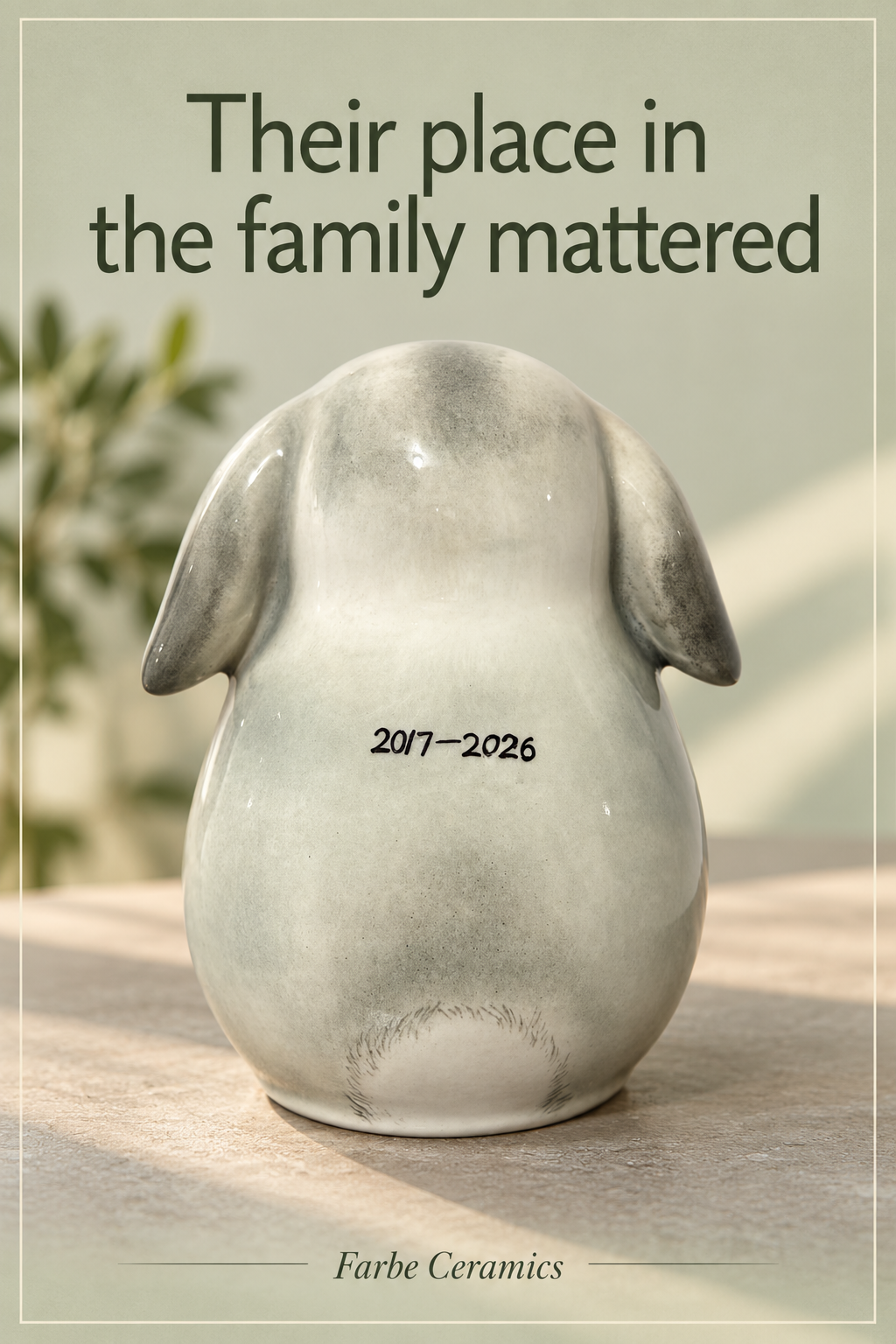 A finished ceramic rabbit memorial with its original hand painted portrait and personal details. Overlay reads: Their place in the family mattered.