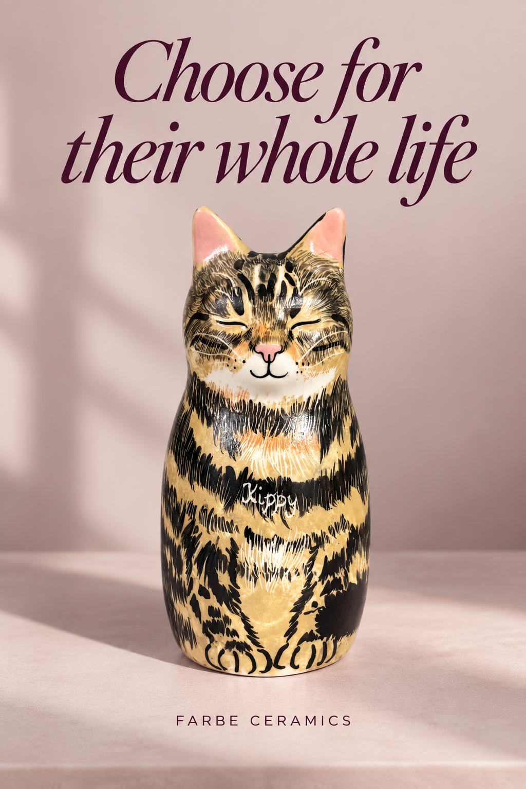 A finished ceramic pet memorial with its original hand painted portrait and personal details. Overlay reads: Choose for their whole life.