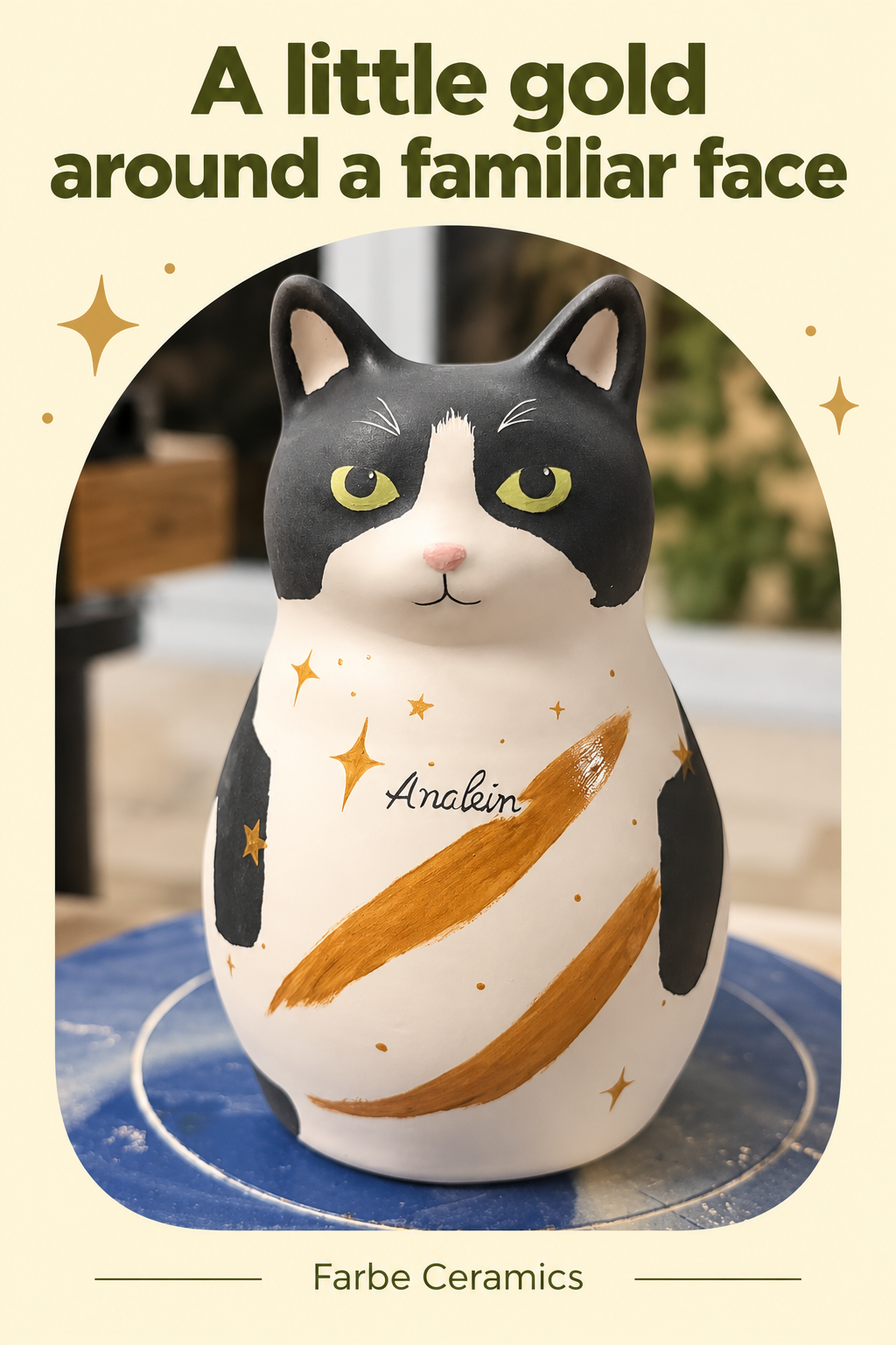 A finished ceramic pet memorial with its original hand painted portrait and personal details. Overlay reads: A little gold around a familiar face.