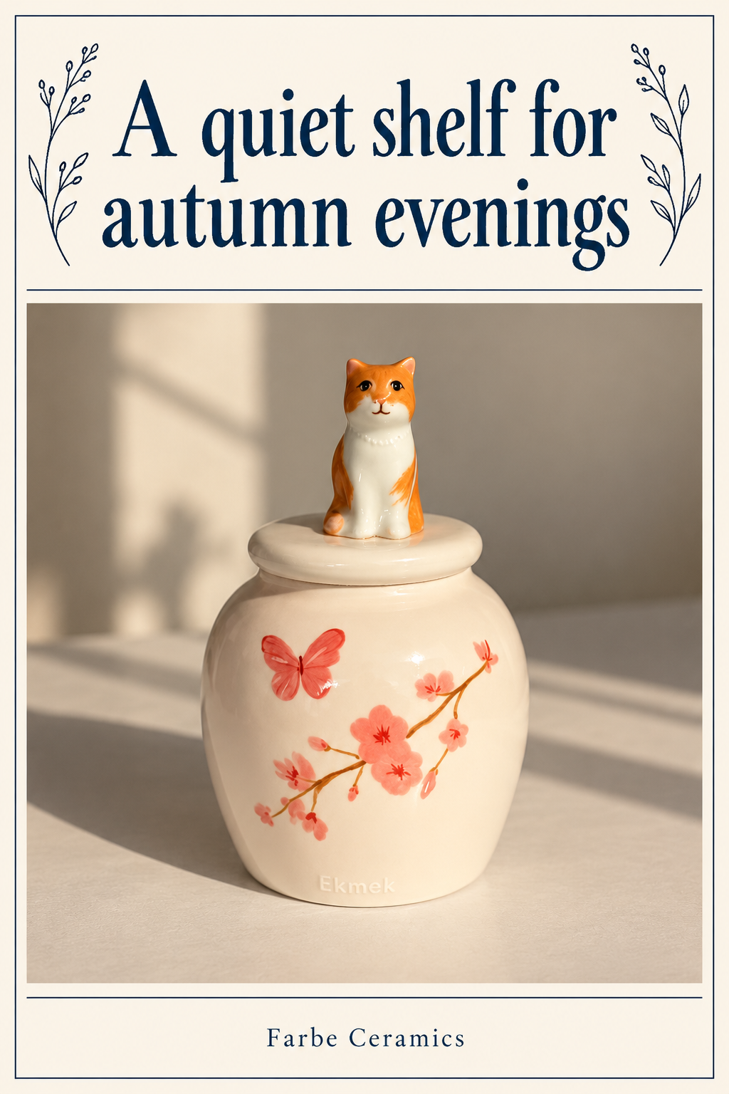 A finished ceramic pet memorial with its original hand painted portrait and personal details. Overlay reads: A quiet shelf for autumn evenings.
