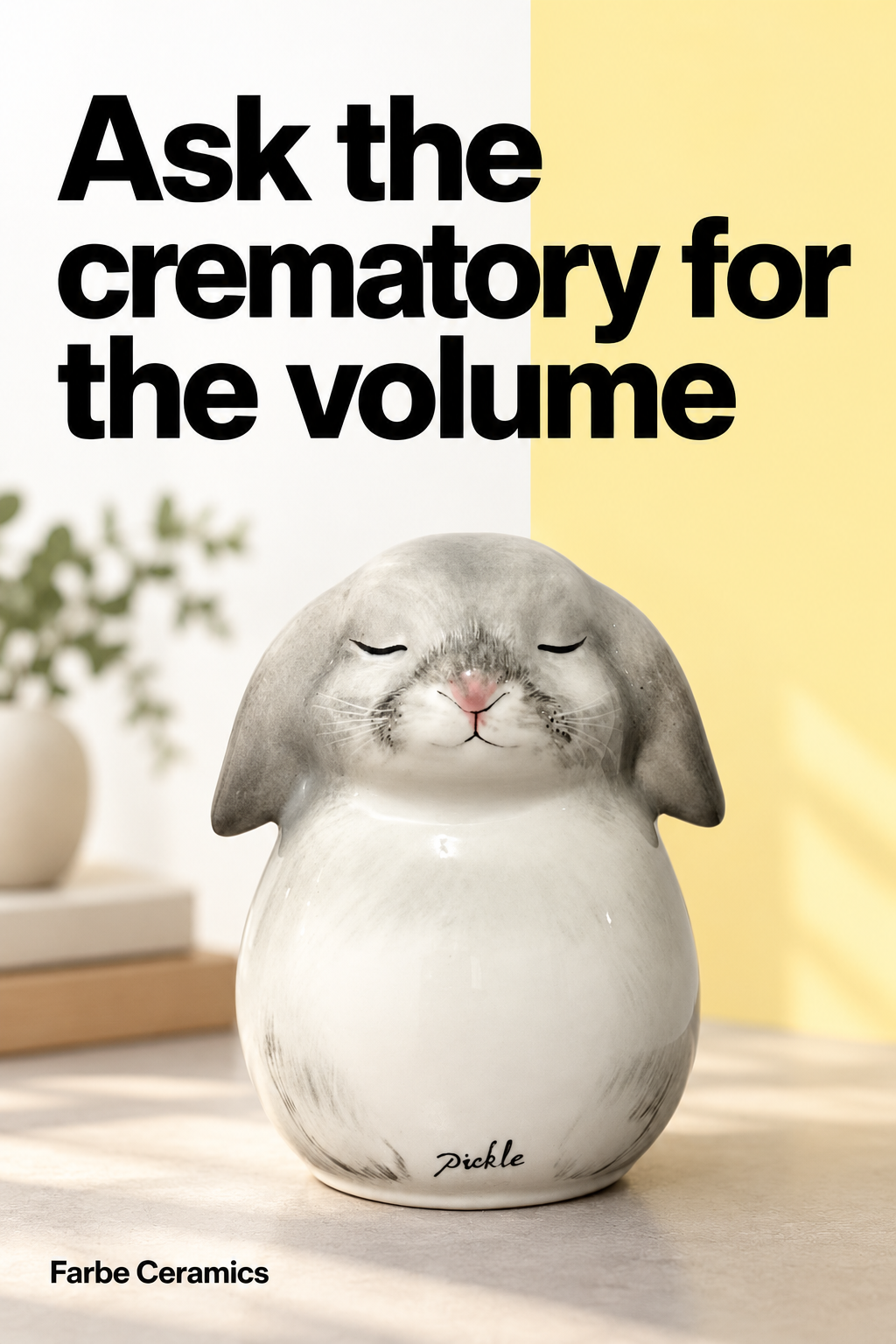 A finished ceramic pet memorial with its original hand painted portrait and personal details. Overlay reads: Ask the crematory for the volume.