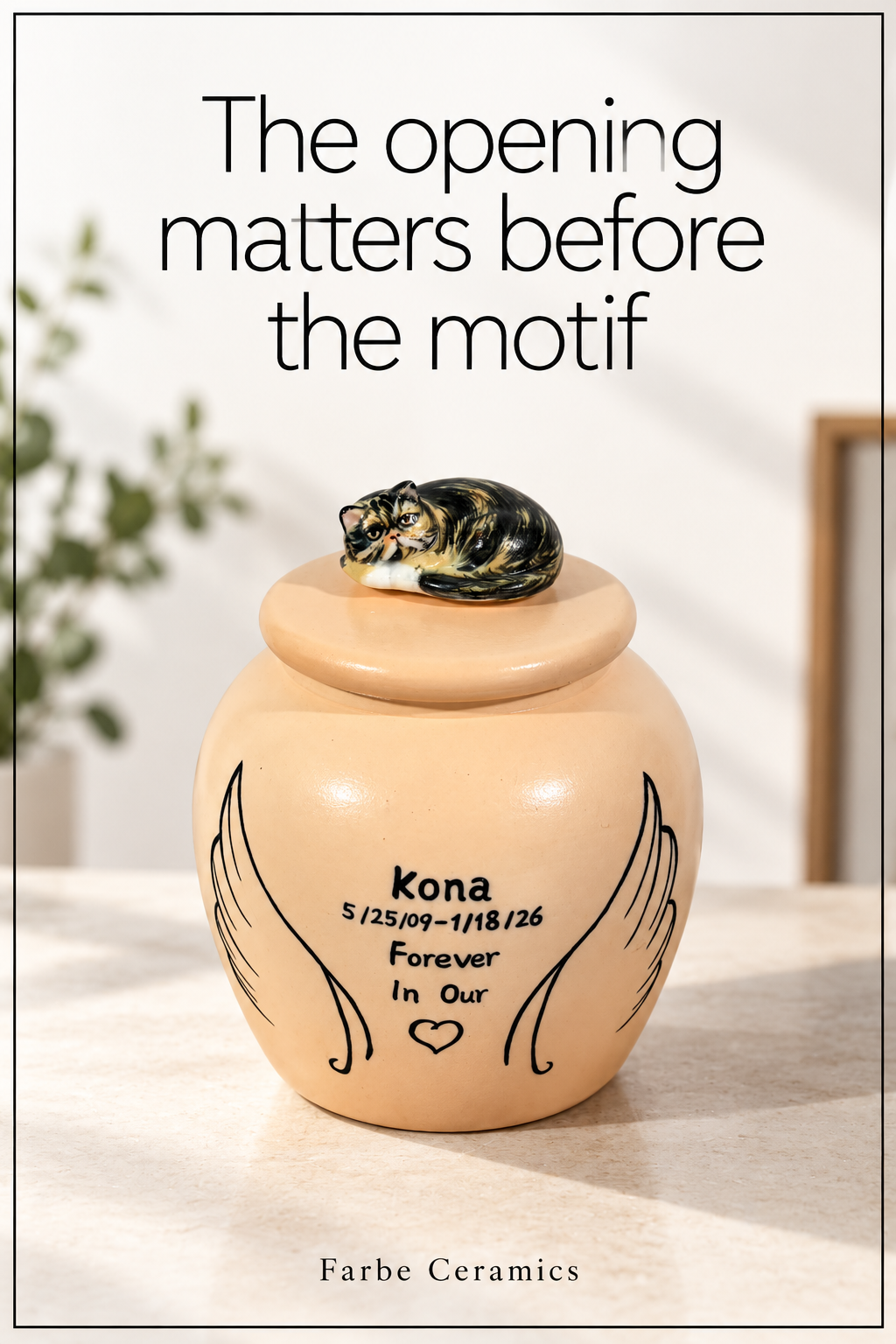 A finished ceramic pet memorial with its original hand painted portrait and personal details. Overlay reads: The opening matters before the motif.