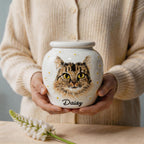 Close-up of the hand-painted detail of a personalized custom pet portrait urn for ashes — a handmade ceramic pet memorial urn, hand-painted from your photos to match your pet and made to order. Custom pet memorial by Farbe Ceramics.