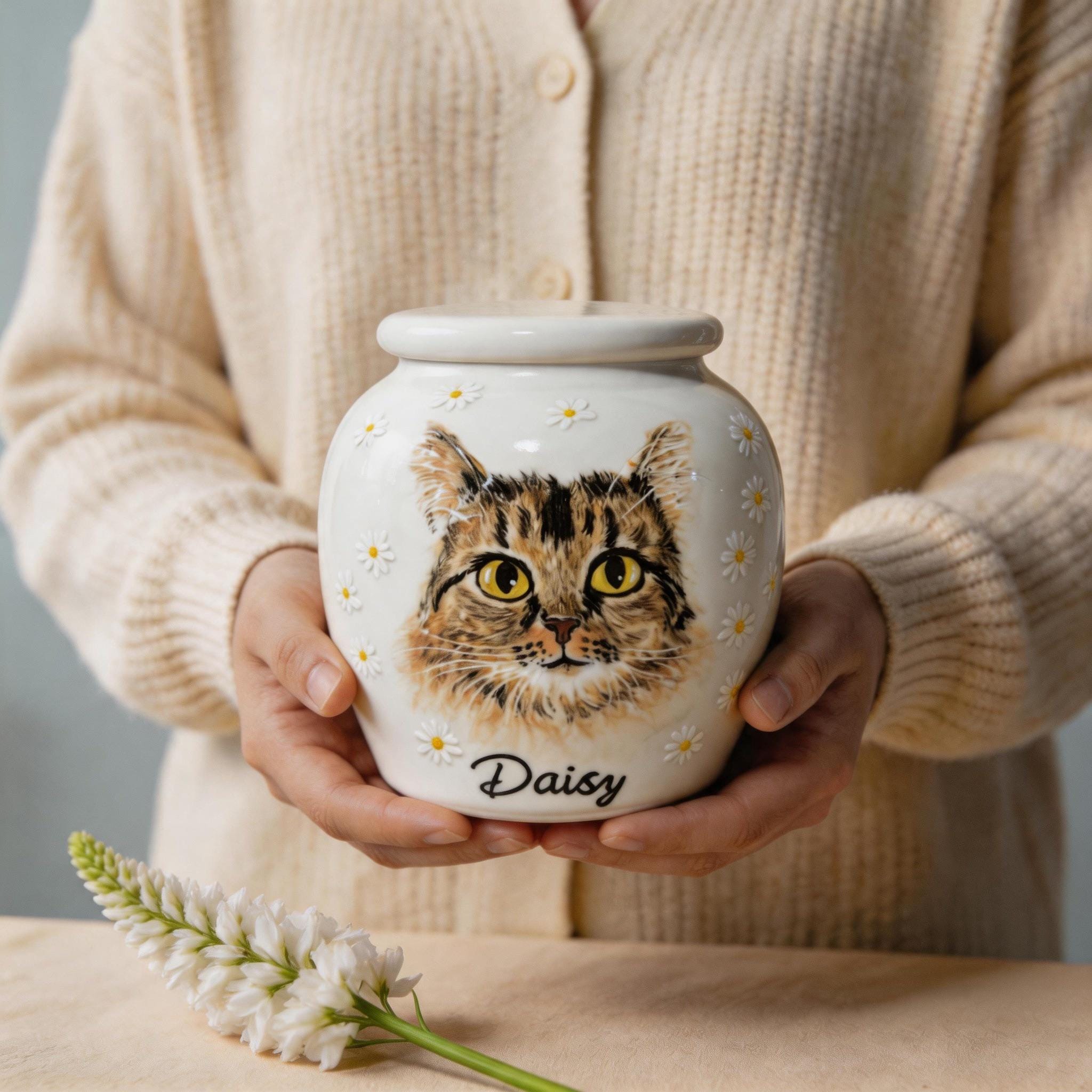 Close-up of the hand-painted detail of a personalized custom pet portrait urn for ashes — a handmade ceramic pet memorial urn, hand-painted from your photos to match your pet and made to order. Custom pet memorial by Farbe Ceramics.