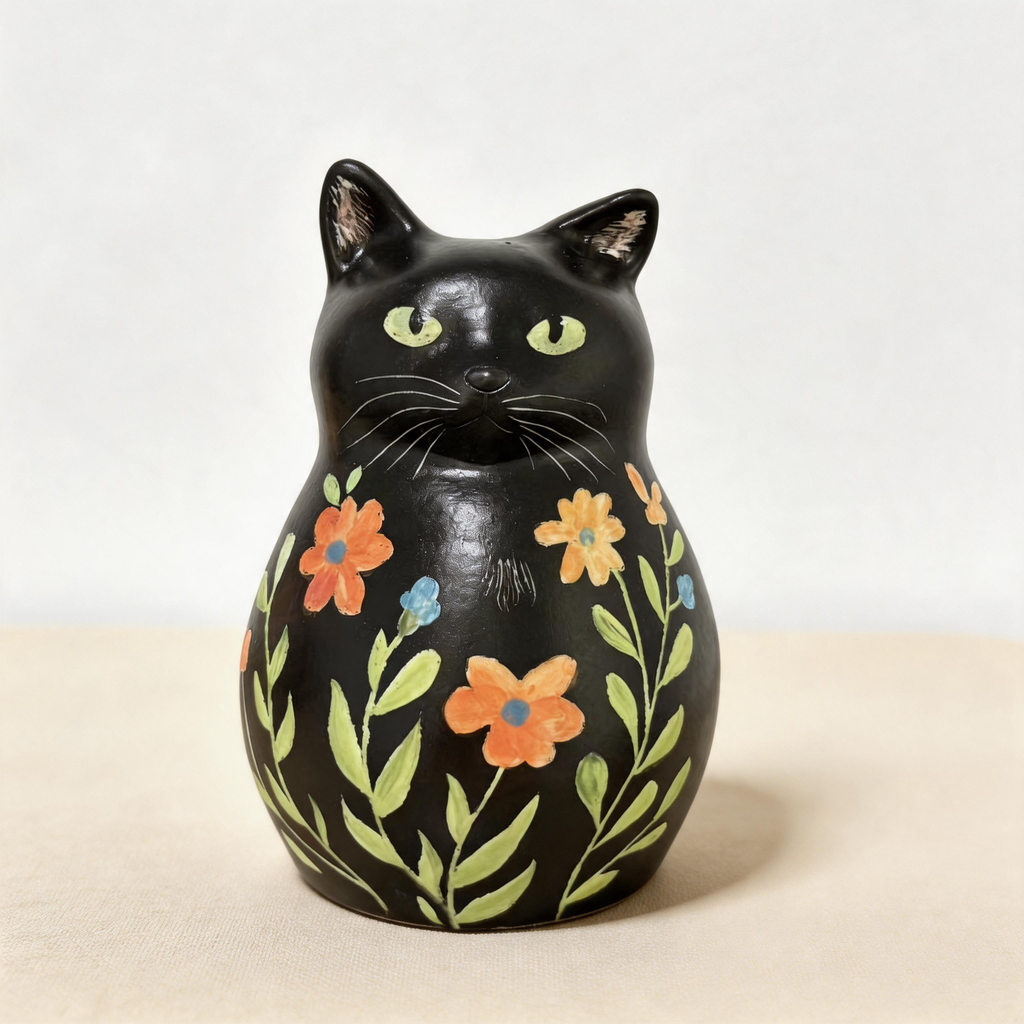 Black custom cat urn for ashes — a handmade, hand-painted ceramic cat cremation urn, custom made to order from your photos and personalized with name and dates. Pet memorial keepsake by Farbe Ceramics.
