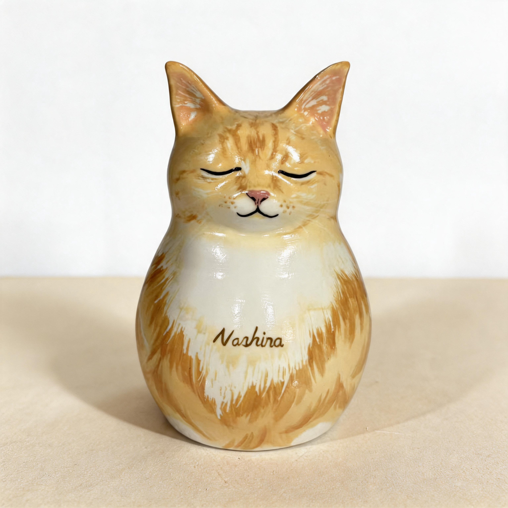 Ginger tabby custom cat urn for ashes — a handmade, hand-painted ceramic cat cremation urn, custom made to order from your photos and personalized with name and dates. Pet memorial keepsake by Farbe Ceramics.