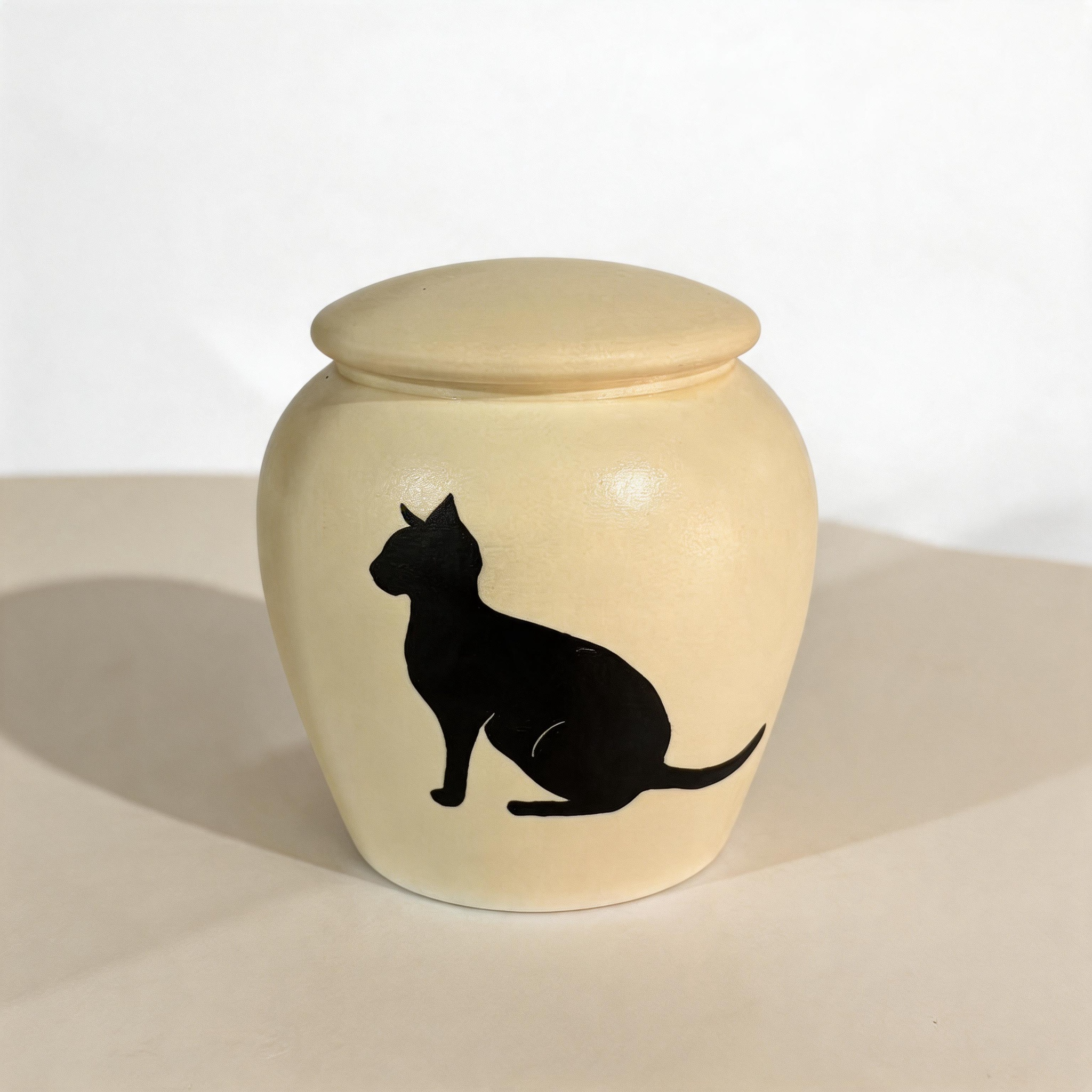 Siamese engraved cat silhouette urn for ashes — a handmade, hand-painted ceramic cat cremation urn, custom made to order from your photos and personalized with name and dates. Pet memorial keepsake by Farbe Ceramics.