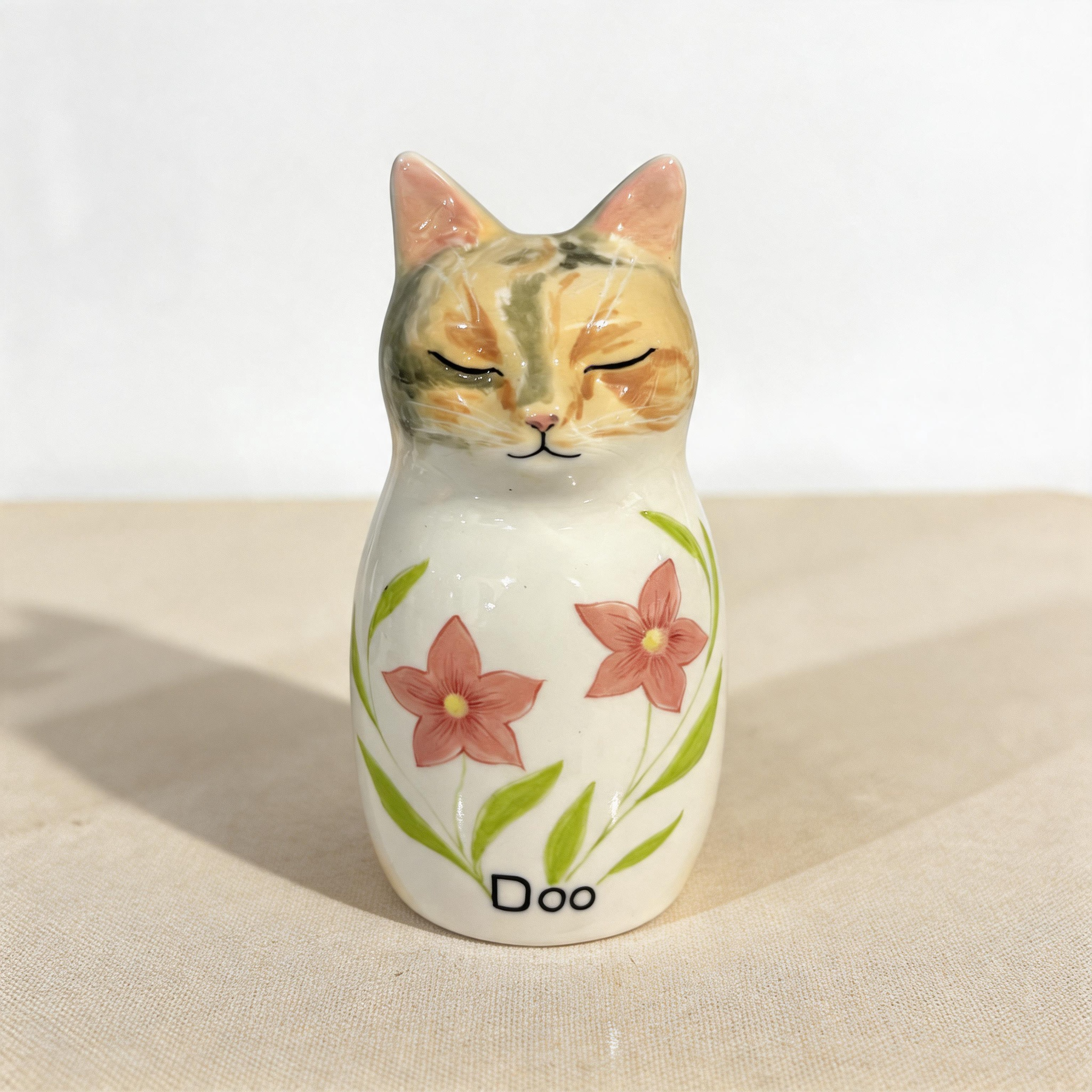 Ginger black tan grey tabby calico custom cat urn for ashes — a handmade, hand-painted ceramic cat cremation urn, custom made to order from your photos and personalized with name and dates. Pet memorial keepsake by Farbe Ceramics.