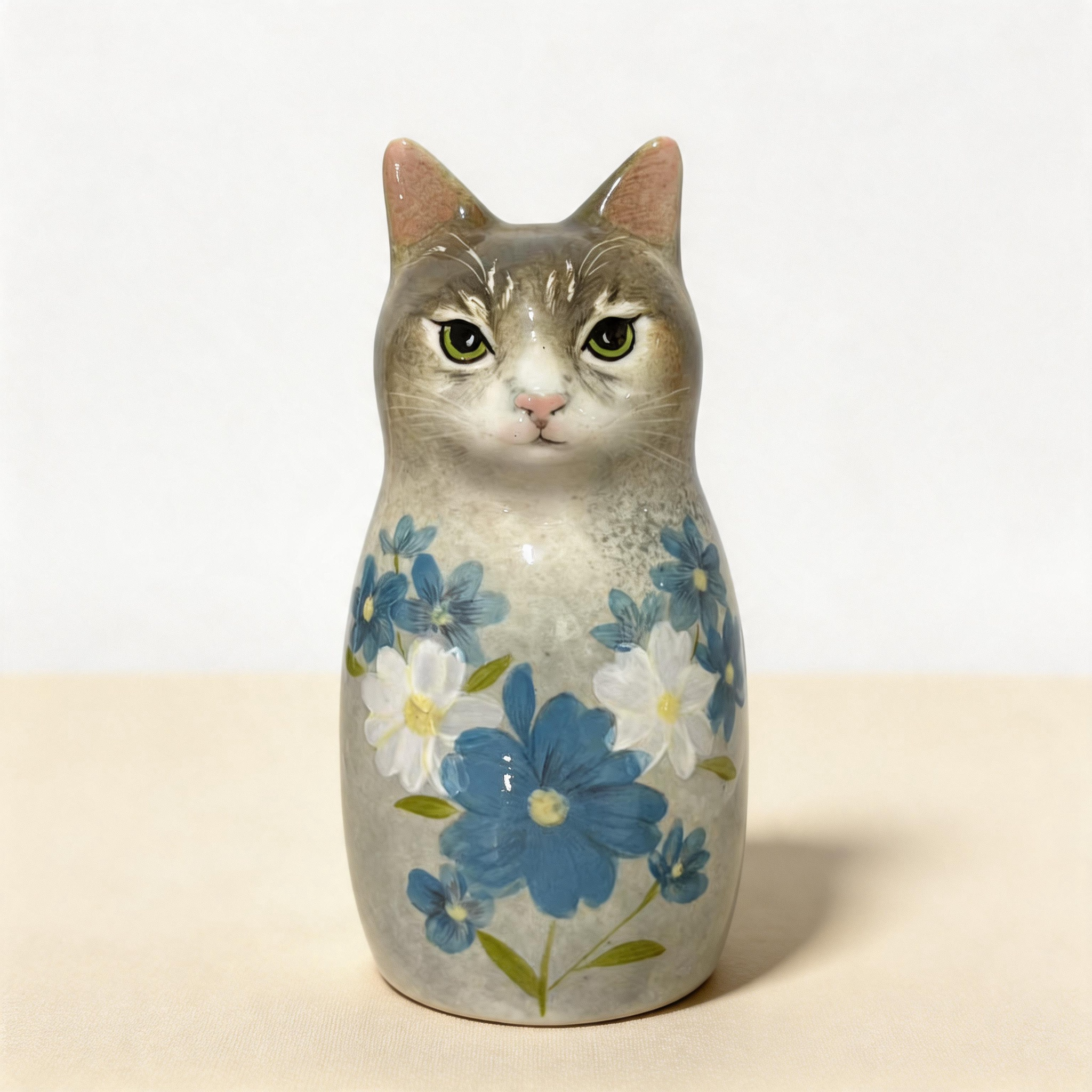 Grey custom cat urn for ashes — a handmade, hand-painted ceramic cat cremation urn, custom made to order from your photos and personalized with name and dates. Pet memorial keepsake by Farbe Ceramics.