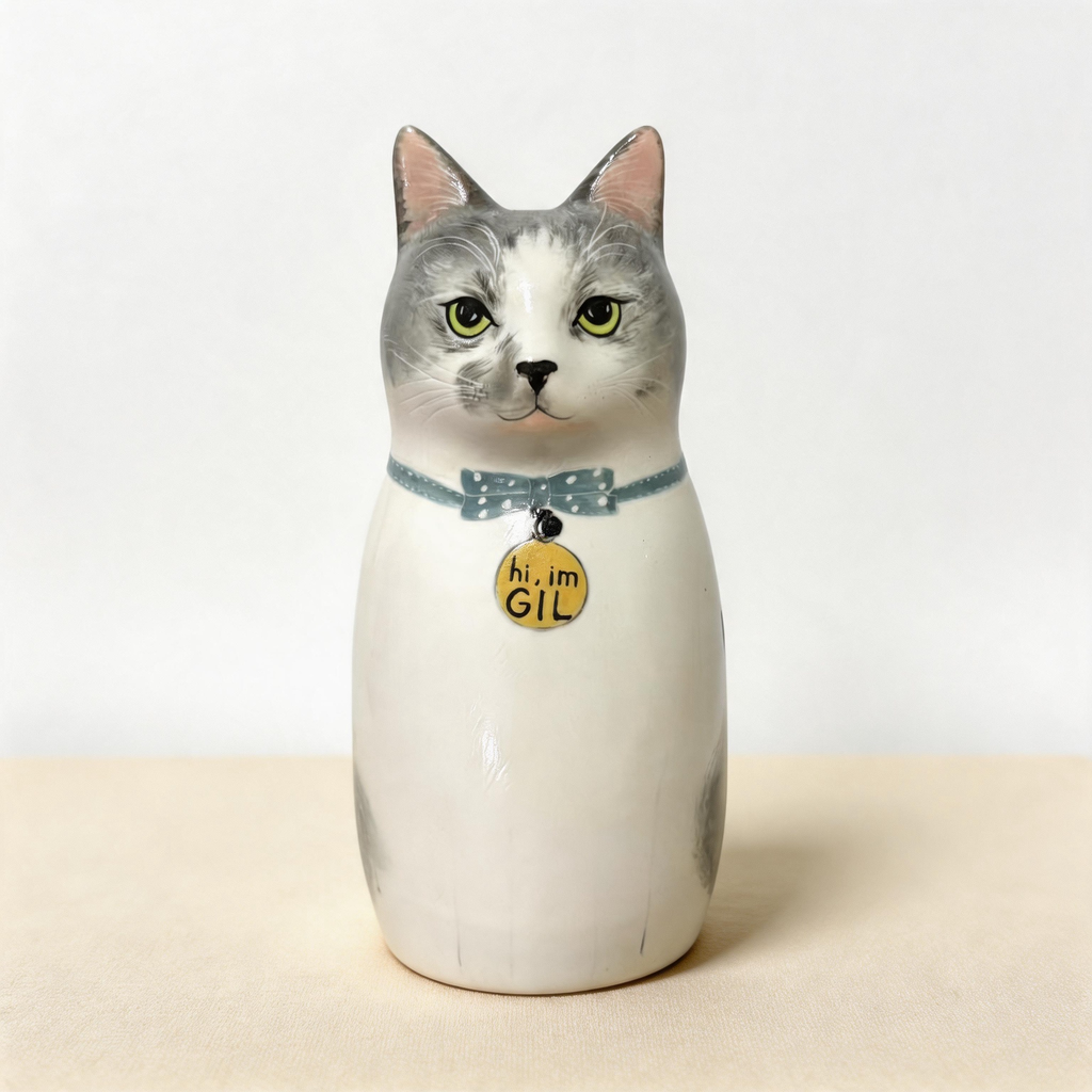 Grey tabby collar name tag custom cat urn for ashes — a handmade, hand-painted ceramic cat cremation urn, custom made to order from your photos and personalized with name and dates. Pet memorial keepsake by Farbe Ceramics.