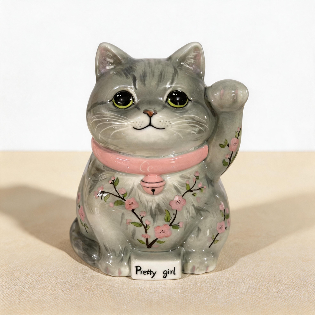 Neko maneki neko lucky cat urn for ashes — a handmade, hand-painted ceramic cat cremation urn, custom made to order from your photos and personalized with name and dates. Pet memorial keepsake by Farbe Ceramics.
