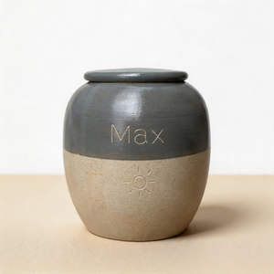 Two Tone Winnie Urn — custom hand-painted pet urn for ashes by Farbe Ceramics