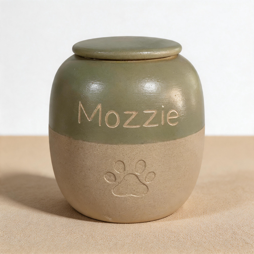 Green grey two tone cat jar urn for ashes — a handmade, hand-painted ceramic cat cremation urn, custom made to order from your photos and personalized with name and dates. Pet memorial keepsake by Farbe Ceramics.