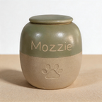 Green grey two tone cat jar urn for ashes — a handmade, hand-painted ceramic cat cremation urn, custom made to order from your photos and personalized with name and dates. Pet memorial keepsake by Farbe Ceramics.