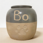 Grey two tone cat jar urn for ashes — a handmade, hand-painted ceramic cat cremation urn, custom made to order from your photos and personalized with name and dates. Pet memorial keepsake by Farbe Ceramics.