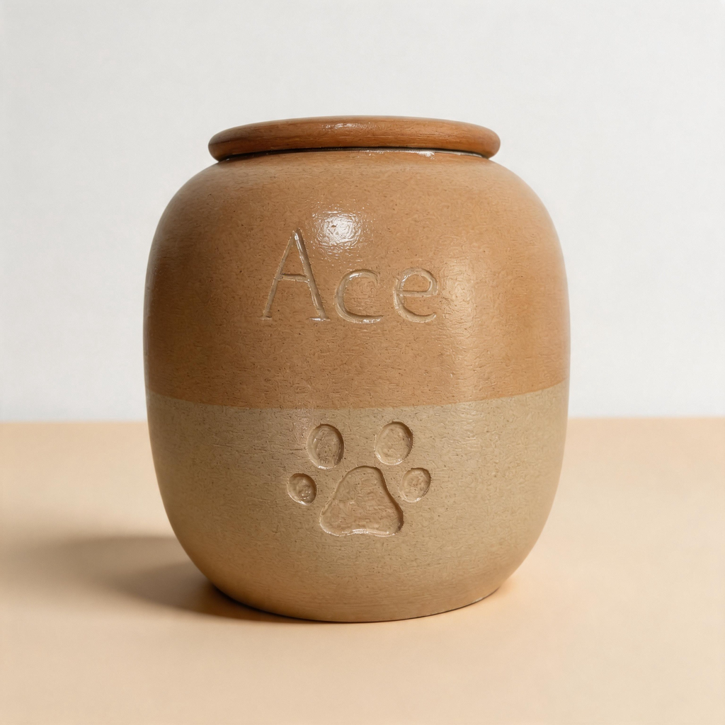 Tan orange two tone cat jar urn for ashes — a handmade, hand-painted ceramic cat cremation urn, custom made to order from your photos and personalized with name and dates. Pet memorial keepsake by Farbe Ceramics.