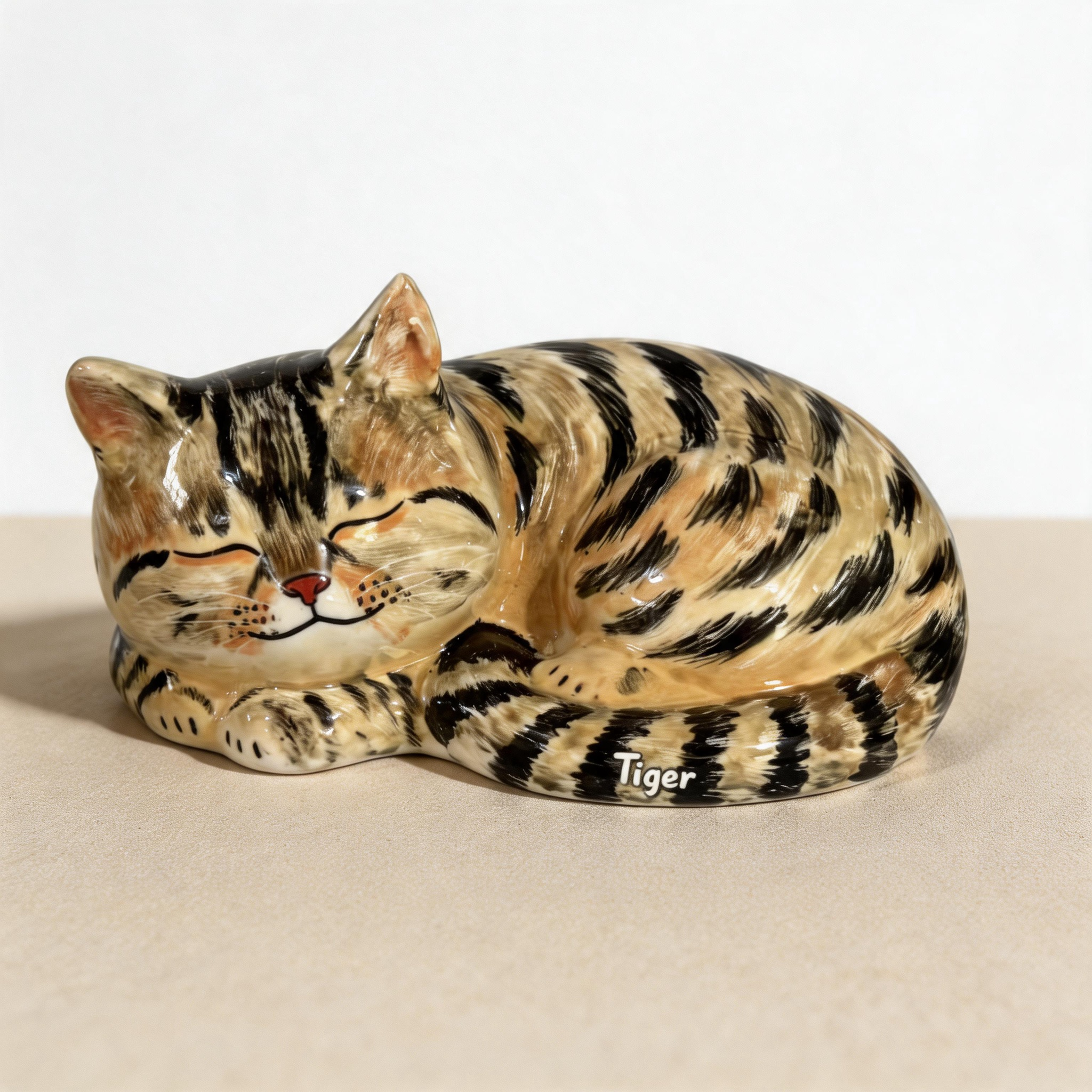 Tabby sleeping cat urn for ashes — a handmade, hand-painted ceramic cat cremation urn, custom made to order from your photos and personalized with name and dates. Pet memorial keepsake by Farbe Ceramics.