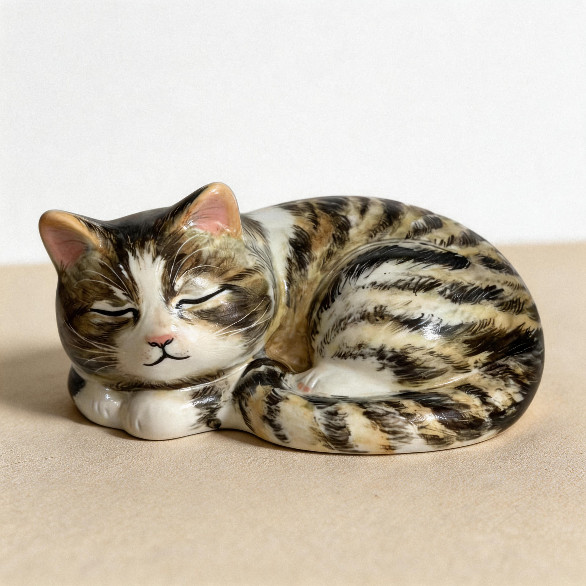 Tabby sleeping cat urn for ashes — a handmade, hand-painted ceramic cat cremation urn, custom made to order from your photos and personalized with name and dates. Pet memorial keepsake by Farbe Ceramics.