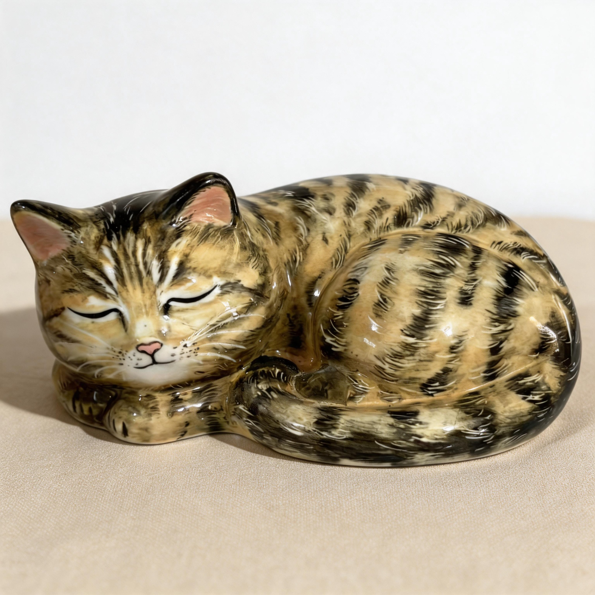 Tabby sleeping cat urn for ashes — a handmade, hand-painted ceramic cat cremation urn, custom made to order from your photos and personalized with name and dates. Pet memorial keepsake by Farbe Ceramics.