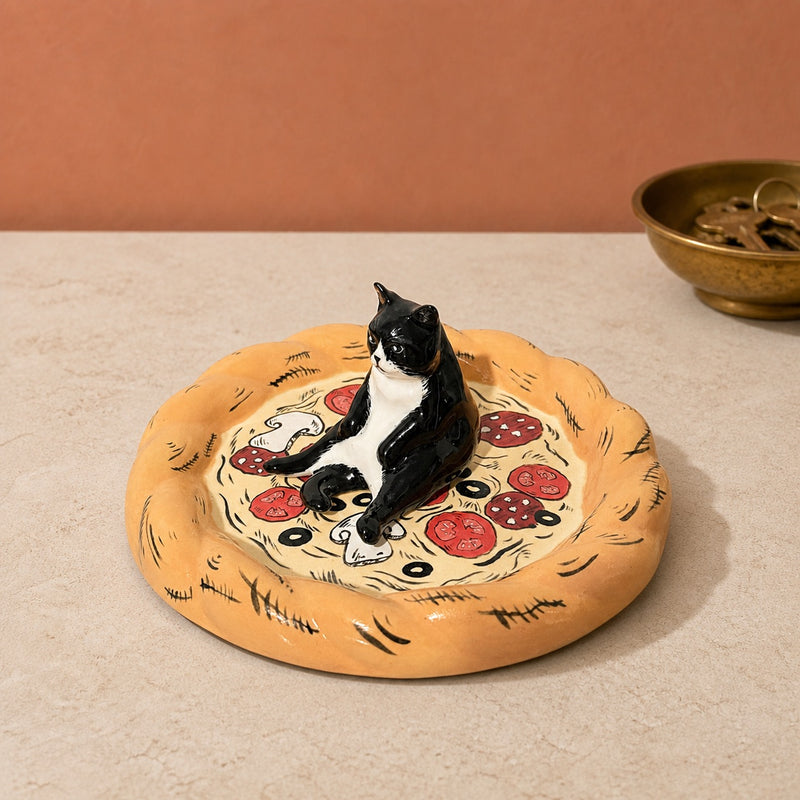 Pizza Dish - Black & White Tuxedo Cat Sitting - Blush Pink Background 01