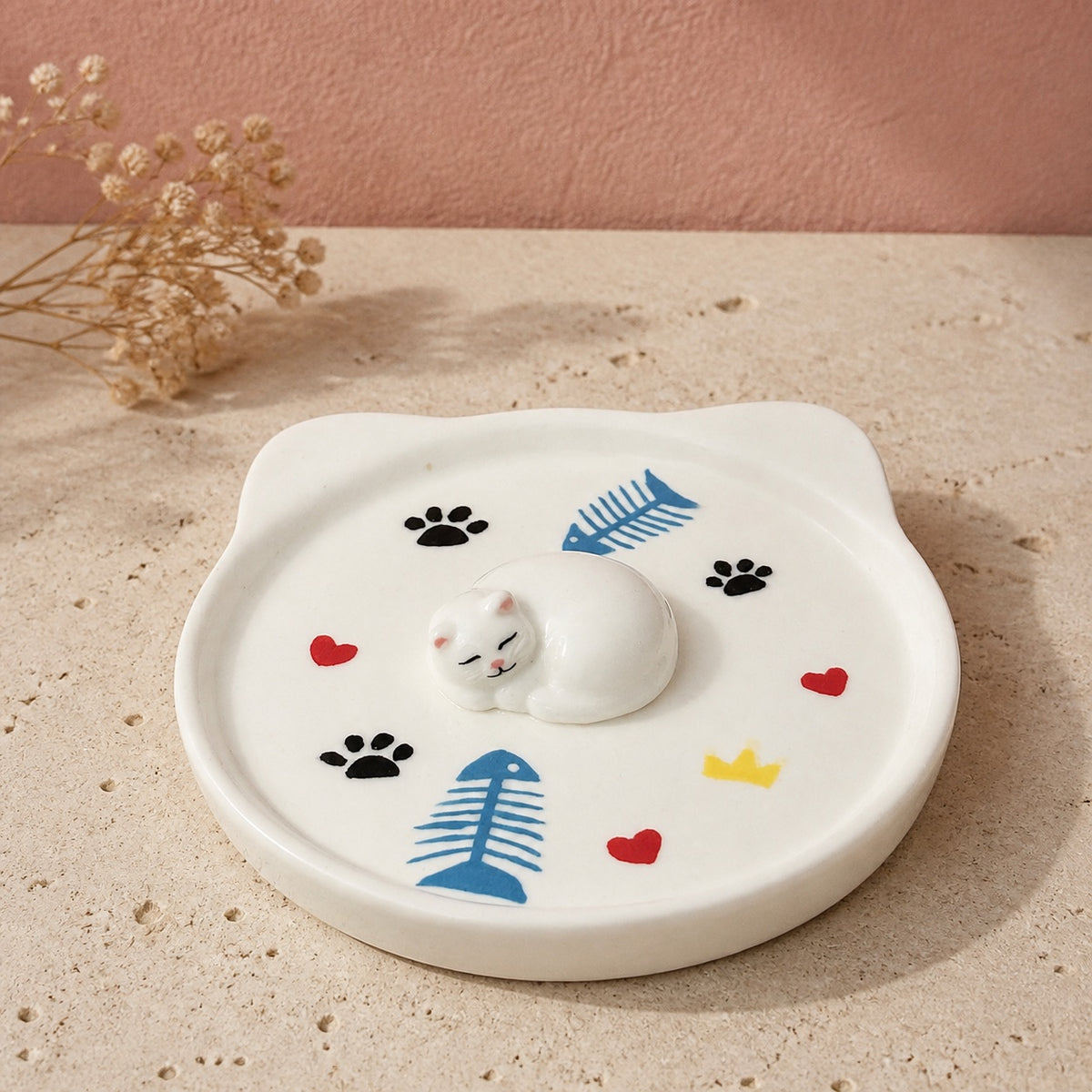 Cat-Face Dish - White Cat Curled Up Sleeping - Blush Pink Background 01