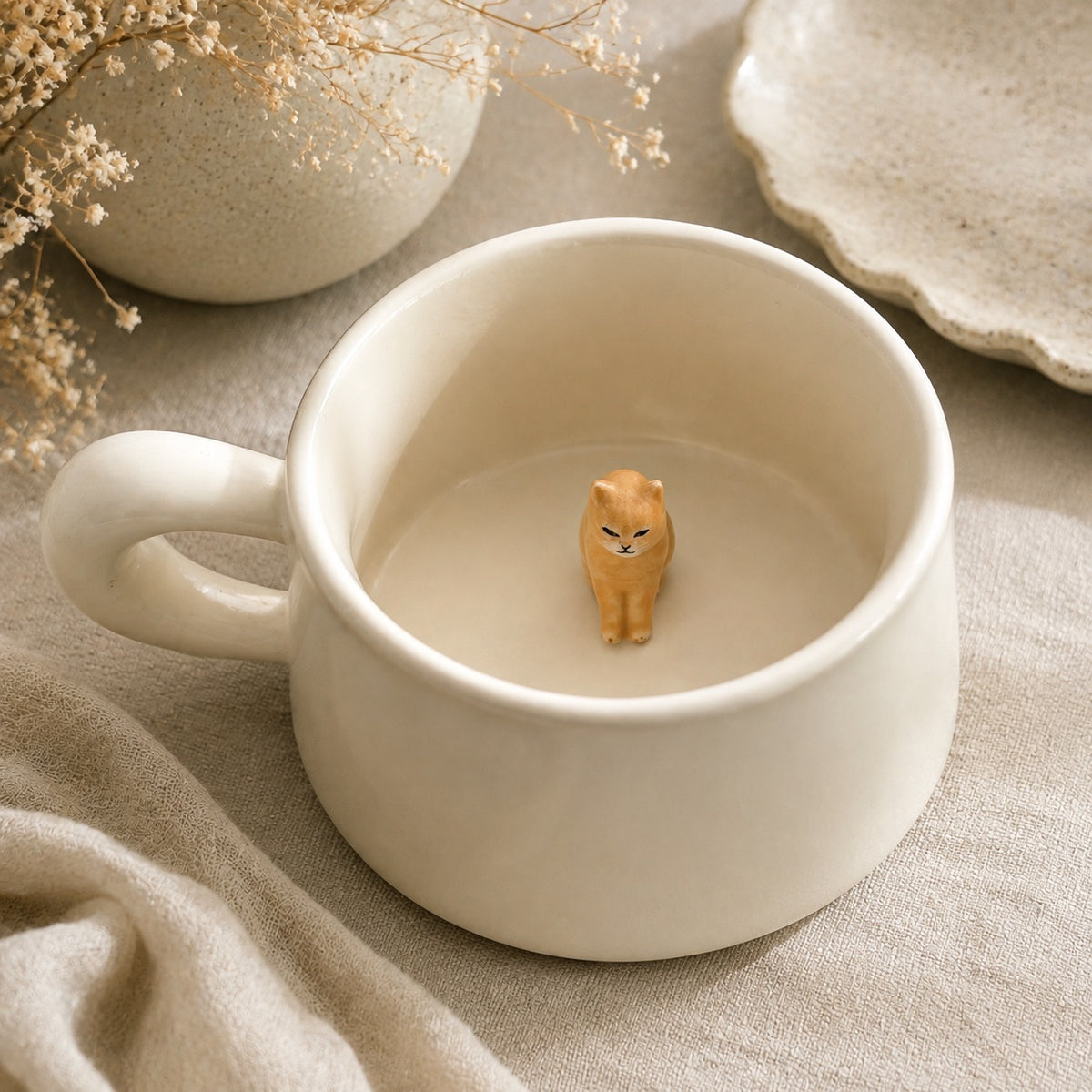 Cream ceramic peekaboo mug with a small cat figurine inside