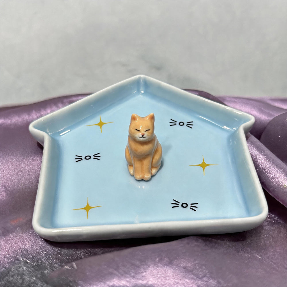 Blue cat on a house-shaped pet ring dish