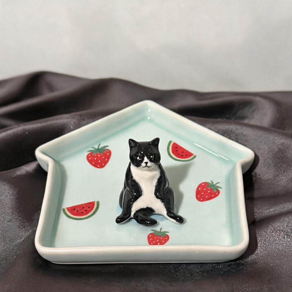 Teal cat on a house-shaped pet ring dish view 2