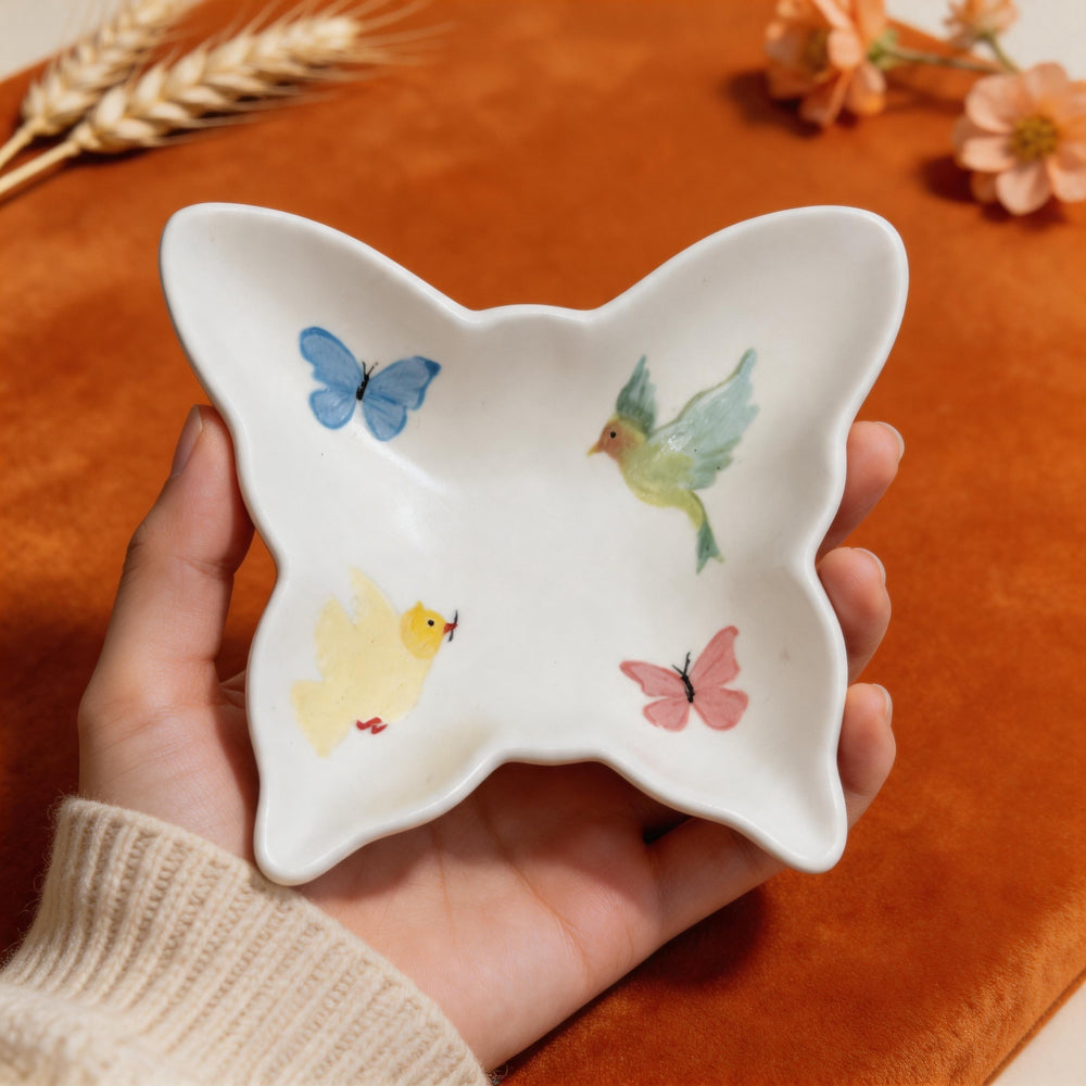 Butterfly Trinket Dish Underglaze Ceramic with Bird Print 4