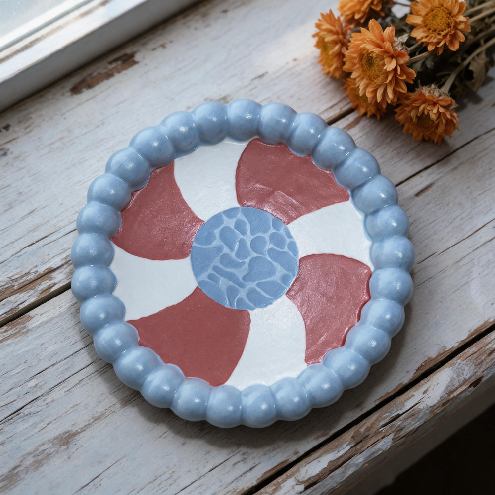 White Red Blue Buoy Trinket Dish Underglaze Ceramics Original Art 4